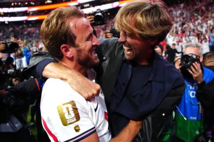 Harry Kane Presents Peter Crouch England Legacy Cap During Visit To Three Lions Camp