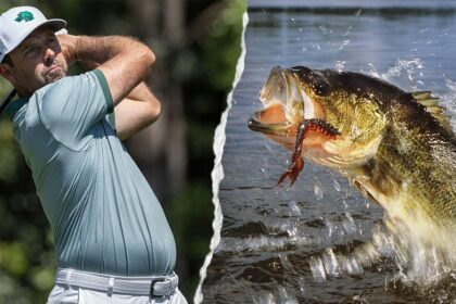 Largemouth bass explodes from water to eat Charl Schwartzel's golf ball at LIV Golf New York